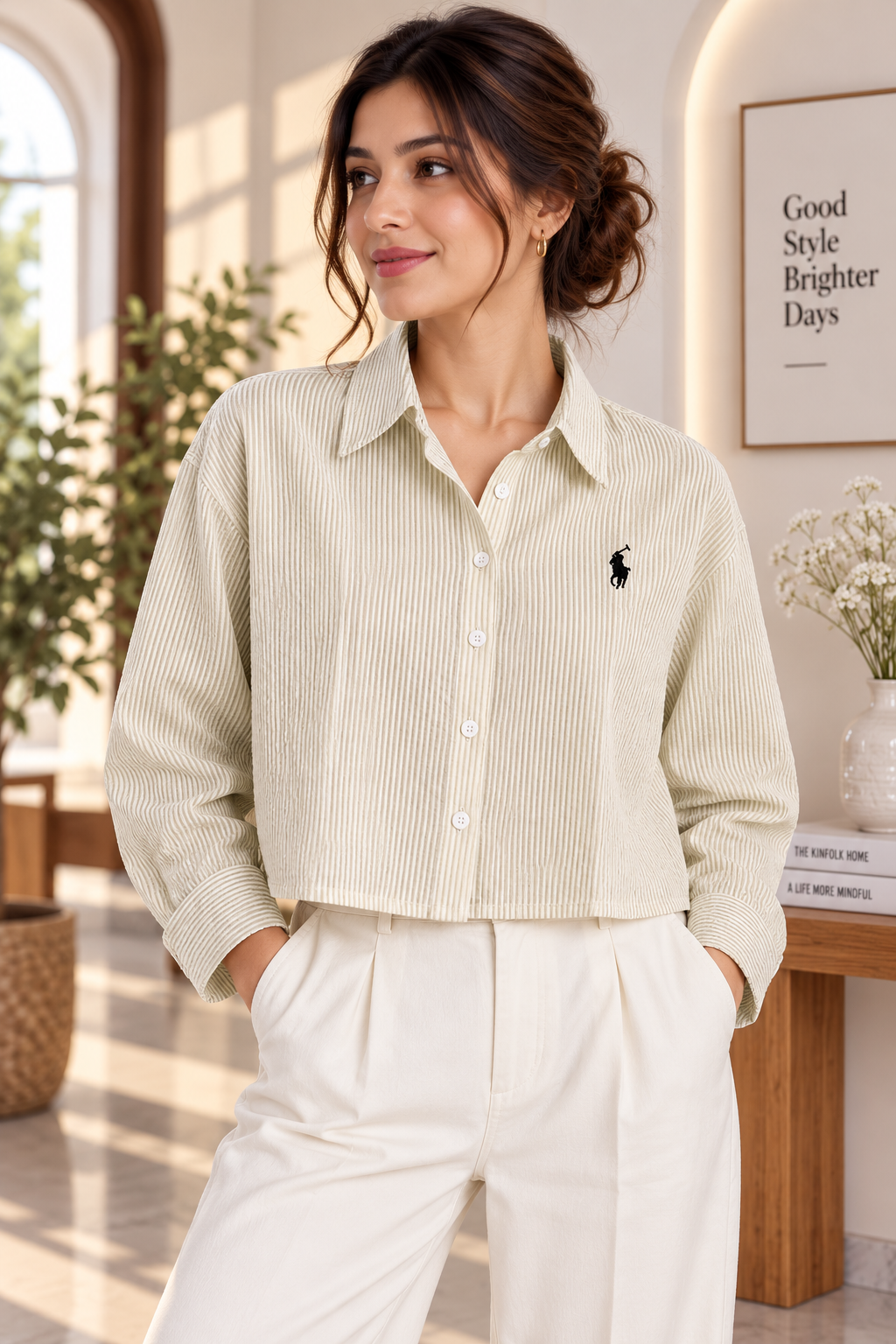 Ivory Ribbed Cropped Button-Down Shirt